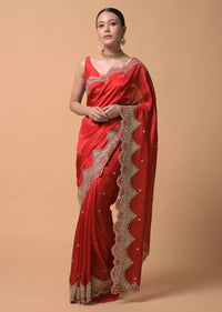 Crimson Red Saree In Dupion Silk With Heavy Zari Embroidered Scalloped Border And Floral Buttis Online - Kalki Fashion