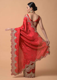 Crimson Red Saree In Dupion Silk With Heavy Zari Embroidered Scalloped Border And Floral Buttis Online - Kalki Fashion