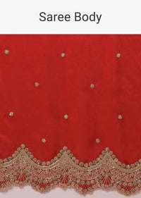 Crimson Red Saree In Dupion Silk With Heavy Zari Embroidered Scalloped Border And Floral Buttis Online - Kalki Fashion