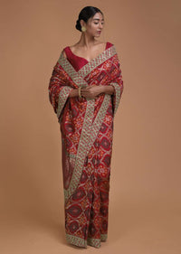 Crimson Red Saree In Silk With Weaved Checks And Floral Motifs All Over Online - Kalki Fashion