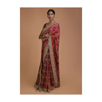 Crimson Red Saree In Silk With Weaved Checks And Floral Motifs All Over Online - Kalki Fashion