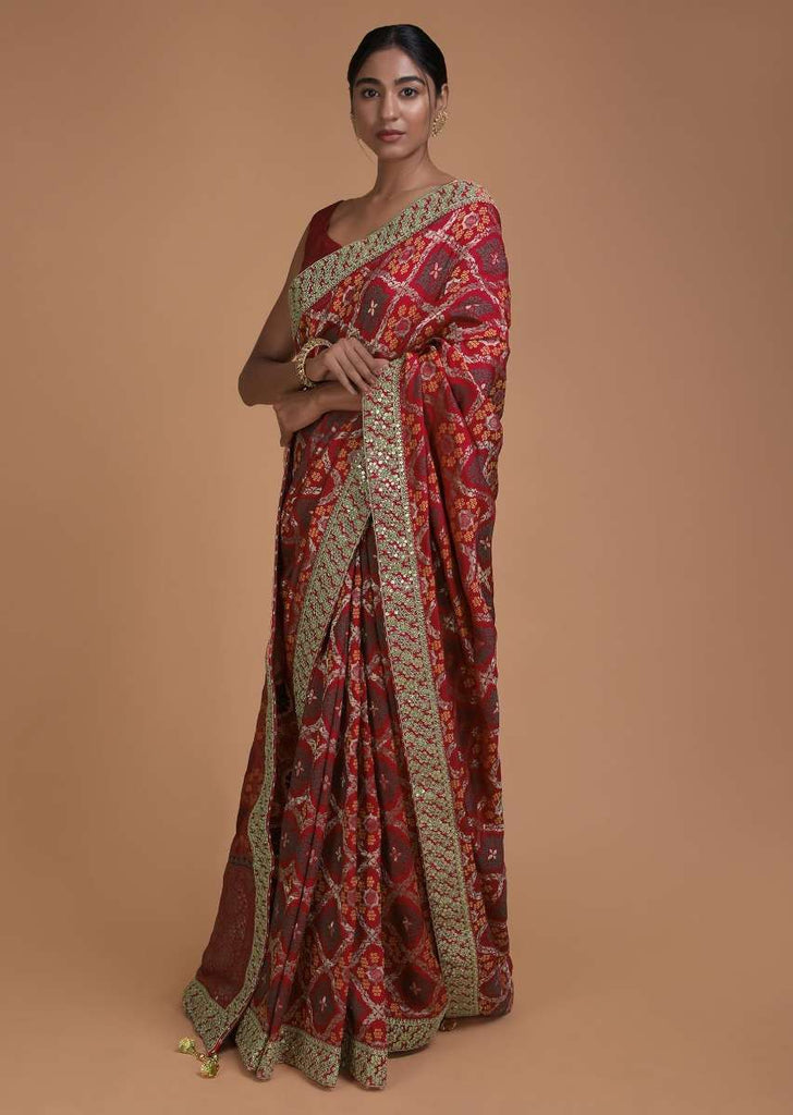 Crimson Red Saree In Silk With Weaved Checks And Floral Motifs All Over Online - Kalki Fashion