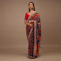 Crimson And Navy Blue Saree In Satin With Patola Print And Gotta Patti Embroidery Detailing
