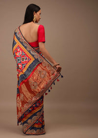 Crimson And Navy Blue Saree In Satin With Patola Print And Gotta Patti Embroidery Detailing