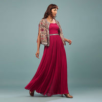 Apple Red Georgette Jumpsuit With Printed Velvet Jacket