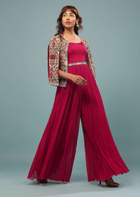 Apple Red Georgette Jumpsuit With Printed Velvet Jacket