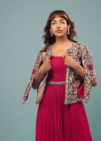 Apple Red Georgette Jumpsuit With Printed Velvet Jacket