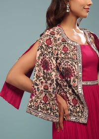 Apple Red Georgette Jumpsuit With Printed Velvet Jacket