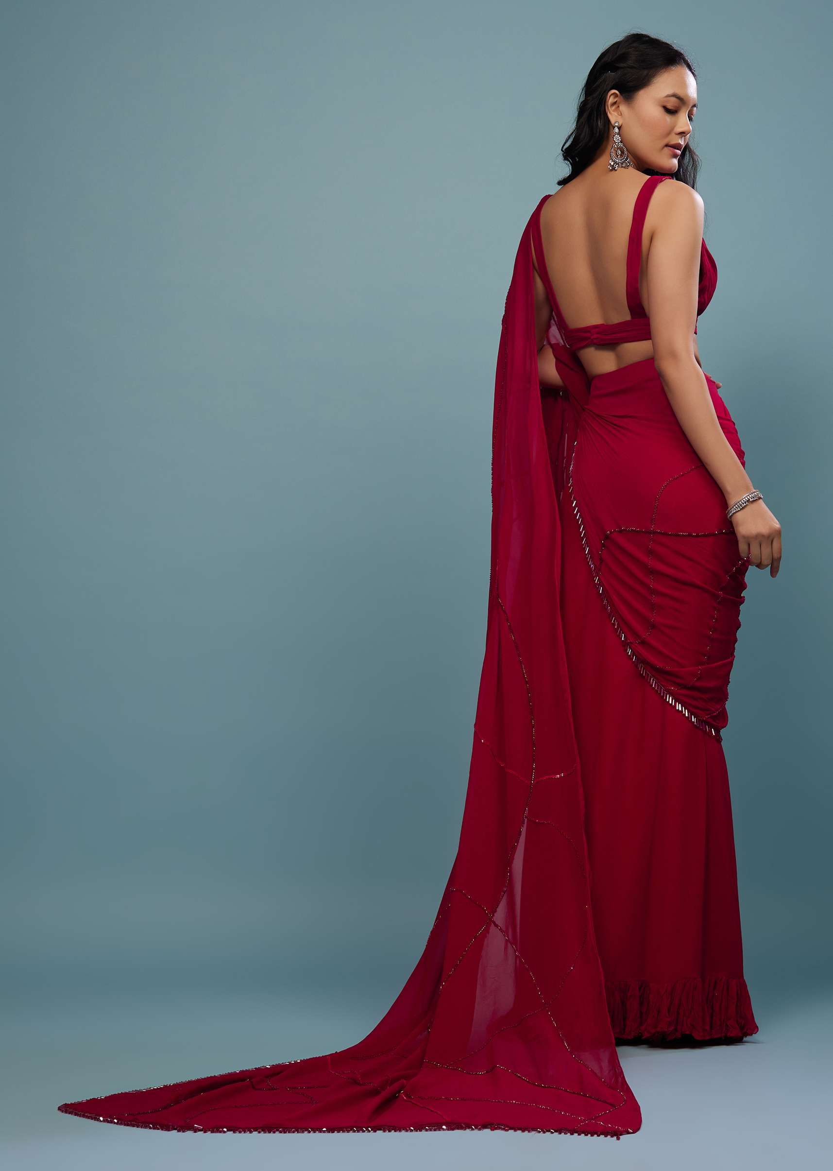 Blood Red Ready-Pleated Saree In Georgette