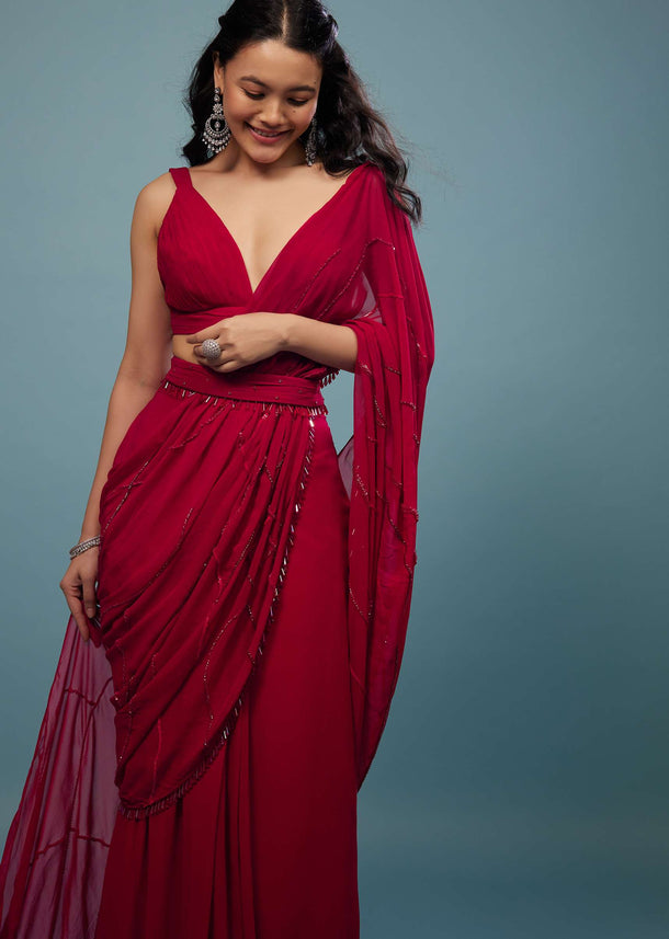 Blood Red Ready-Pleated Saree In Georgette