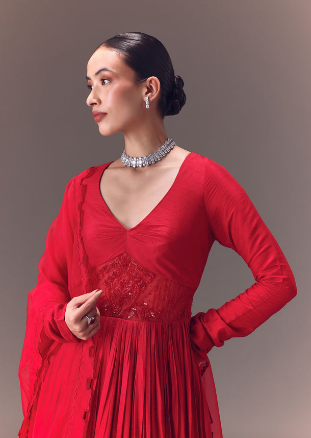 Crimson Red Ruched Embroidered Suit With Dupatta
