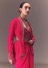 Hot Pink Hand Embellished Blouse With Jacket And Draped Skirt