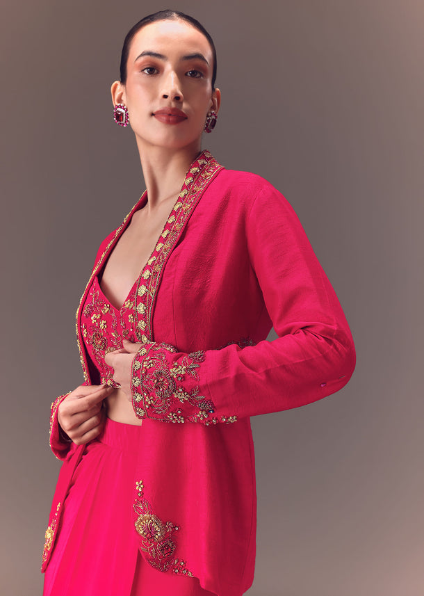 Hot Pink Hand Embellished Blouse With Jacket And Draped Skirt