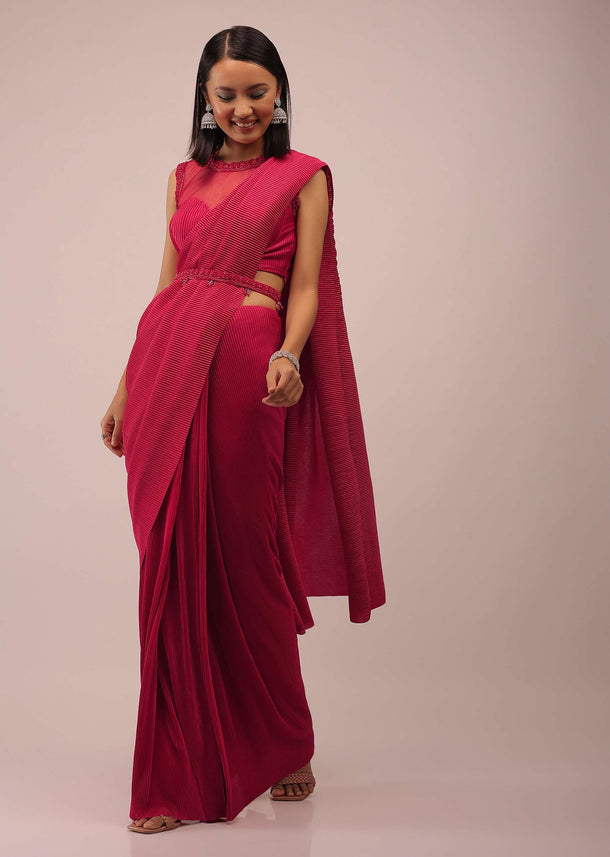 Crimson Red Saree In Crush With A Crop Top In The Illusioned Neckline, Paired With A Belt In Cut Dana And Moti Embroidery