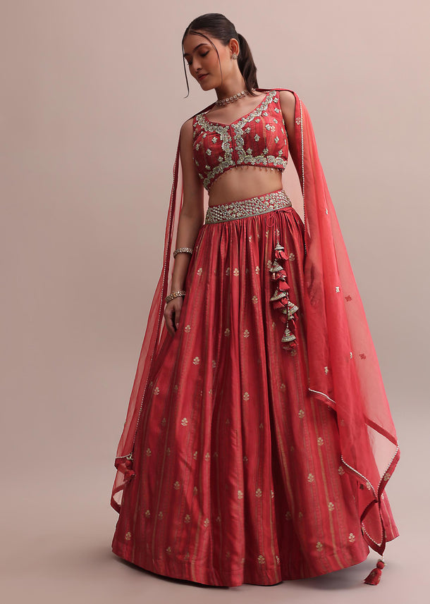 Crimson Red Zardosi Embroidered Choli Lehenga Set With A Net Dupatta