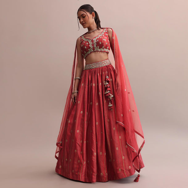 Crimson Red Zardosi Embroidered Choli Lehenga Set With A Net Dupatta