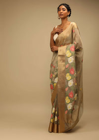 Croissant Gold Saree In Zari Kota Silk With Multi Colored Resham Embroidered Flowers On The Border