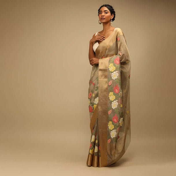 Croissant Gold Saree In Zari Kota Silk With Multi Colored Resham Embroidered Flowers On The Border
