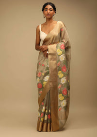 Croissant Gold Saree In Zari Kota Silk With Multi Colored Resham Embroidered Flowers On The Border