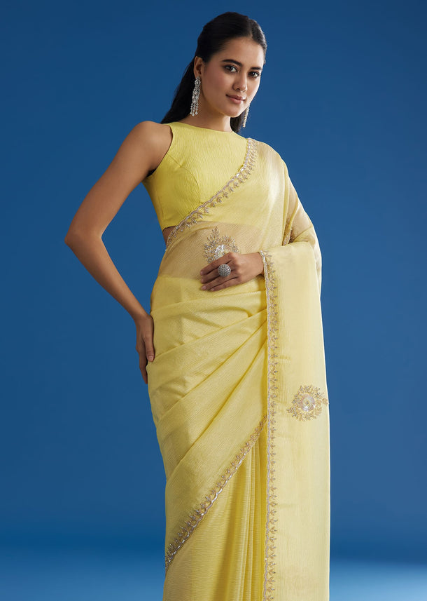 Crushed Tissue Saree With Cutdana And Sequins Embroidered Scallop Border