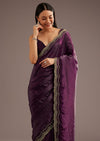 Wine Crushed Tissue Silk  Cutdana Scallop Bordered Saree