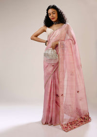 Crystal Rose Saree In Zari Kota Silk With Multi Colored Bud Embroidered Floral Buttis And Heavy Pallu Design