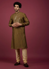 Chocolate Brown Silk Embroidered Kurta Set