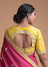 Cyber Yellow Blouse In Raw Silk With Zardosi Embroidered Buttis And Round Neckline Online - Kalki Fashion