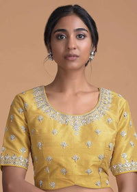 Cyber Yellow Blouse In Raw Silk With Zardosi Embroidered Buttis And Round Neckline Online - Kalki Fashion