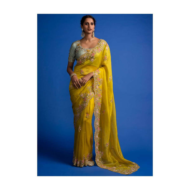 Cyber Yellow Saree In Organza With Cut Dana, Sequins And Zardozi Work In Floral Buttis Online - Kalki Fashion