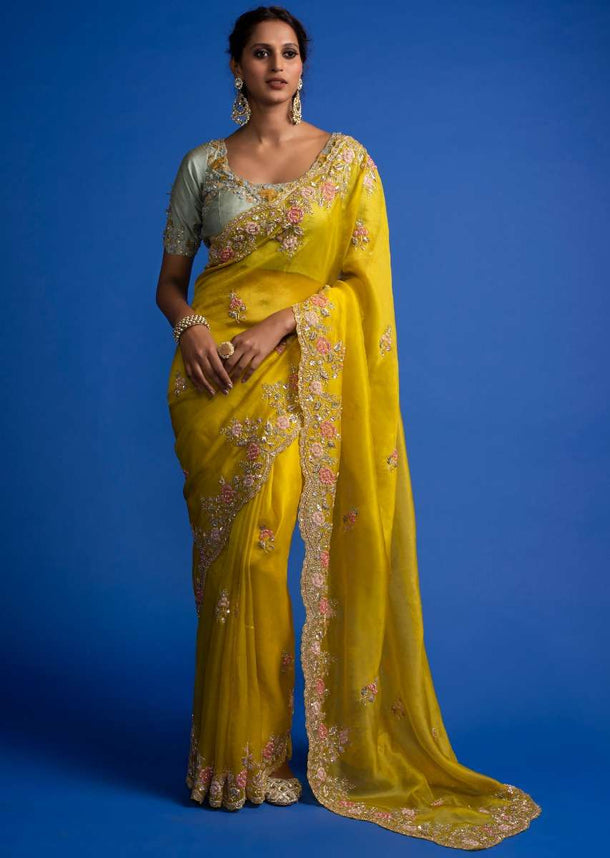 Cyber Yellow Saree In Organza With Cut Dana, Sequins And Zardozi Work In Floral Buttis Online - Kalki Fashion