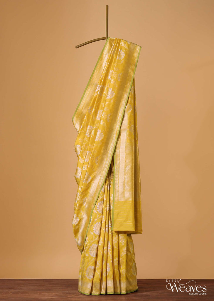 Cyber Yellow Handloom Banarasi Saree In Uppada Silk With Silver-Gold Zari Jaal Weave And Unstitched Blouse