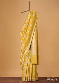 Cyber Yellow Handloom Banarasi Saree In Uppada Silk With Silver-Gold Zari Jaal Weave And Unstitched Blouse