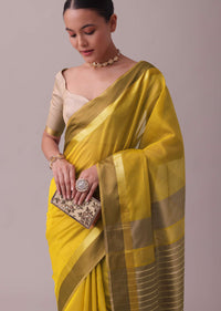 Cyber Yellow Handloom Chanderi Silk And Cotton Saree With Zari Work