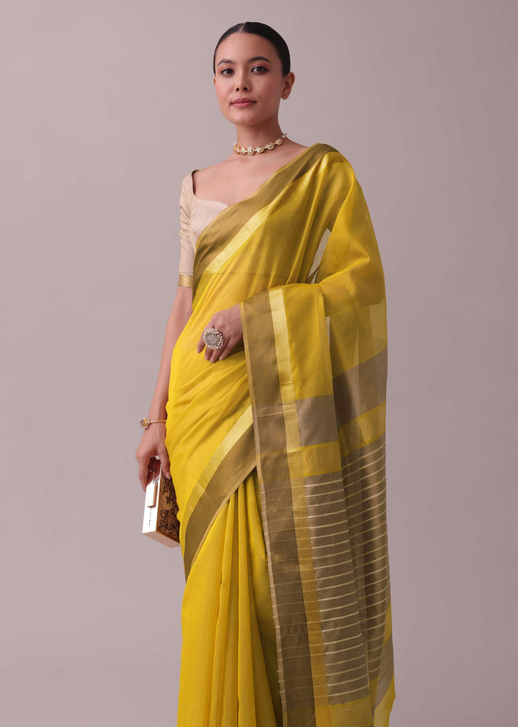 Cyber Yellow Handloom Chanderi Silk And Cotton Saree With Zari Work