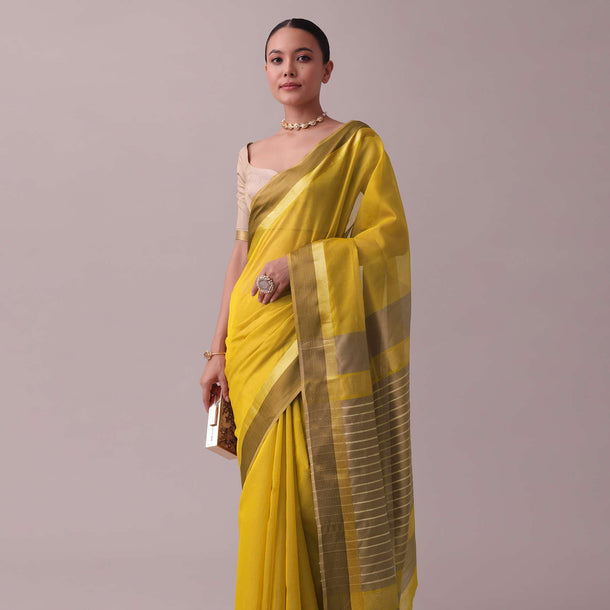 Cyber Yellow Handloom Chanderi Silk And Cotton Saree With Zari Work