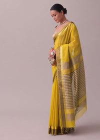 Cyber Yellow Handloom Chanderi Silk And Cotton Saree With Zari Work