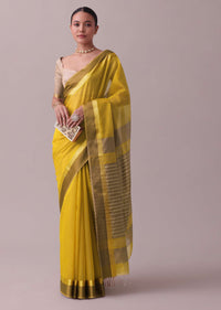 Cyber Yellow Handloom Chanderi Silk And Cotton Saree With Zari Work