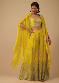 Cyber Yellow Palazzo Suit In Georgette Adorned With Mirror And Sequins Embroidery