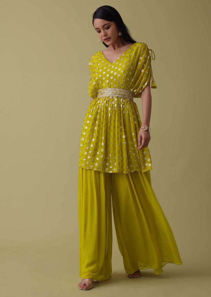 Cyber Yellow Palazzo Top Set In Georgette With Sequins Work