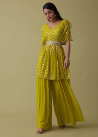 Cyber Yellow Palazzo Top Set In Georgette With Sequins Work