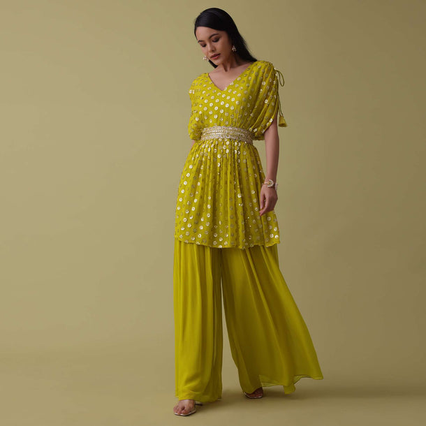 Cyber Yellow Palazzo Top Set In Georgette With Sequins Work