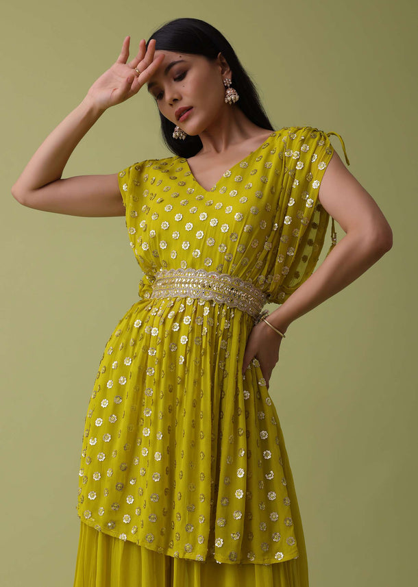 Cyber Yellow Palazzo Top Set In Georgette With Sequins Work