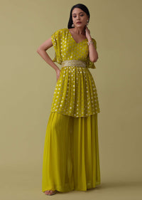 Cyber Yellow Palazzo Top Set In Georgette With Sequins Work