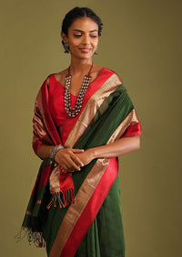 Cypress Green Saree In Tussar Silk With Gold And Red Woven Border And Striped Pallu Design