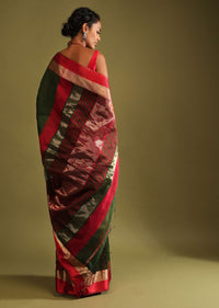 Cypress Green Saree In Tussar Silk With Gold And Red Woven Border And Striped Pallu Design