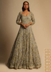 Gold Bridal Gown In Net Heavily Embroidered With Zari, Sequins And Moti Embroidered Floral Design All Over Online - Kalki Fashion