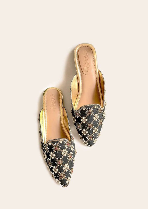 Black Mules With Maroon Swarovski And Zari Detailing By Sole House