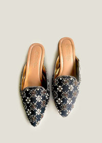Black Heeled Mules With Red Swarovski And Zari Detailing By Sole House