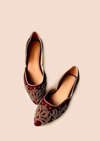 Maroon Ballet Flats In Velvet With Dull Gold Double Beaded Work In Ethnic Motif Online By Sole House